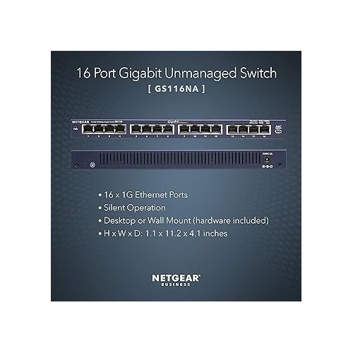  NETGEAR 16-Port Gigabit Ethernet Unmanaged Switch (GS116NA) - Desktop or Wall Mount, and Limited Lifetime Protection