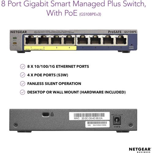  [아마존 핫딜] NETGEAR 8-Port Gigabit Ethernet Smart Managed Plus PoE Switch (GS108PEv3) - with 4 x PoE @ 53W, Desktop/Rackmount, and ProSAFE Limited Lifetime Protection