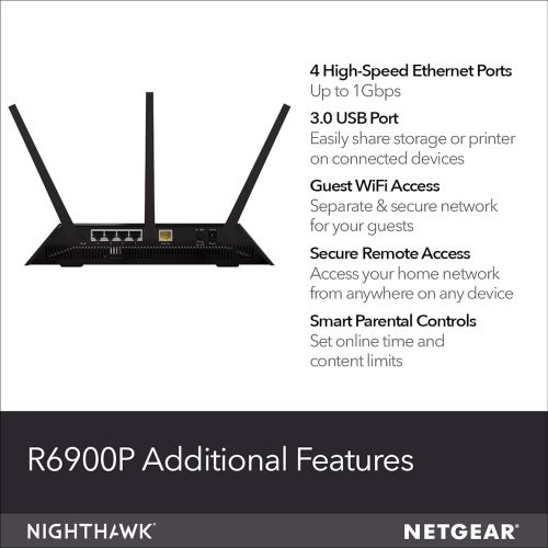  NETGEAR Nighthawk Smart WiFi Router (R6900P) - AC1900 Wireless Speed (up to 1900 Mbps) | Up to 1800 sq ft Coverage & 30 Devices | 4 x 1G Ethernet and 1 x 3.0 USB Ports | Armor Secu