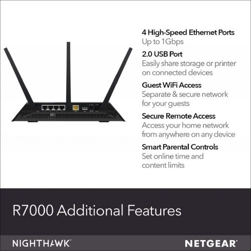  NETGEAR Nighthawk Smart WiFi Router (R7000) - AC1900 Wireless Speed (up to 1900 Mbps) | Up to 1800 sq ft Coverage & 30 Devices | 4 x 1G Ethernet and 2 USB ports | Armor Security