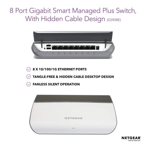  NETGEAR 8-Port Gigabit Ethernet Smart Managed Plus Switch (GS908E) - Desktop Housing with Integrated Ethernet Cable Management, and Fanless Design for Quiet Operation