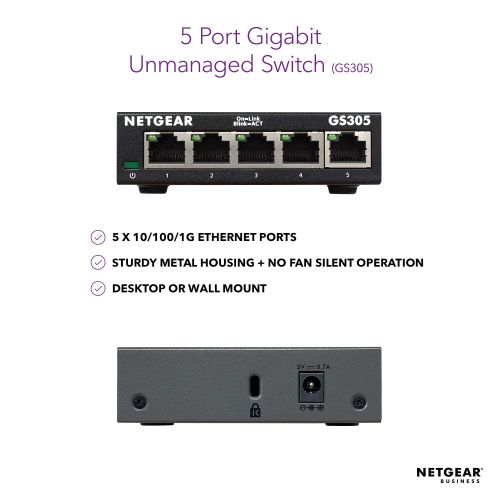  NETGEAR GS305-300PAS 5-Port Gigabit Ethernet Unmanaged Switch (GS305) - Desktop, Sturdy Metal Fanless Housing