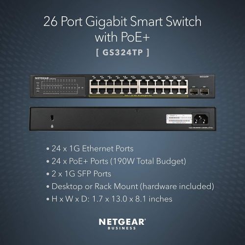  NETGEAR 26 Port PoE Gigabit Ethernet Smart Switch (GS324TP) Managed, with 24 x PoE+ @ 190W, 2 x 1G SFP, Desktop or Rackmount, S350 series
