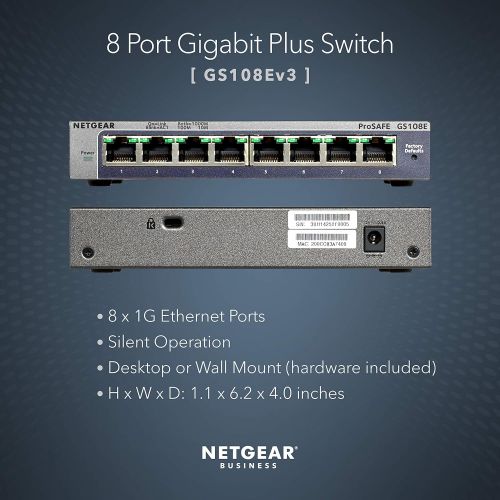  NETGEAR 8-Port Gigabit Ethernet Plus Switch (GS108Ev3) - Desktop, and ProSAFE Limited Lifetime Protection