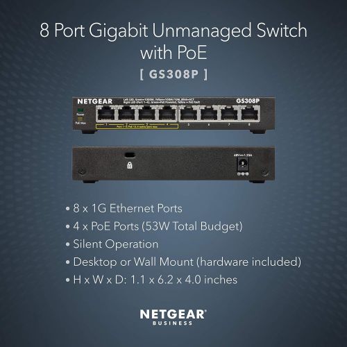  NETGEAR 8-Port Gigabit Ethernet Unmanaged PoE Switch (GS308P) - with 4 x PoE @ 53W, Desktop or Wall Mount