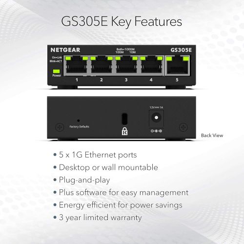  NETGEAR 5-Port Gigabit Ethernet Plus Switch (GS305E) - Desktop or Wall Mount, Home Network Hub, Office Ethernet Splitter, Silent Operation