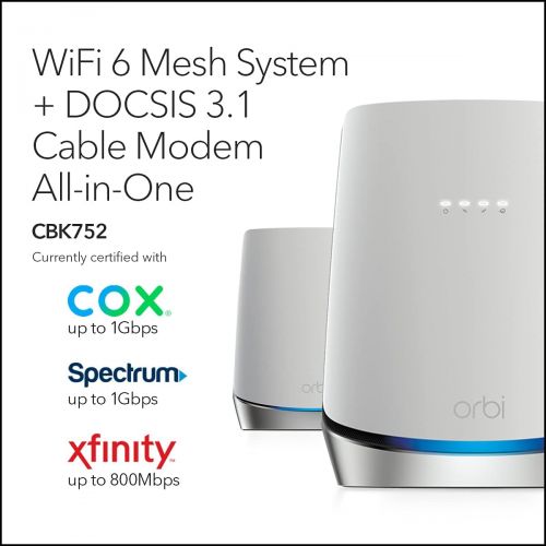  [아마존베스트]NETGEAR Orbi Whole Home WiFi 6 System with DOCSIS 3.1 Built-in Cable Modem (CBK752)  Cable Modem Router + 1 Satellite Extender | Covers up to 5,000 sq. ft. 40+ Devices | AX4200 (U