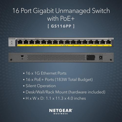  [아마존베스트]NETGEAR 16-Port Gigabit Ethernet Unmanaged PoE Switch (GS116PP) - with 16 x PoE+ @ 183W, Desktop/Rackmount, and ProSAFE Limited Lifetime Protection