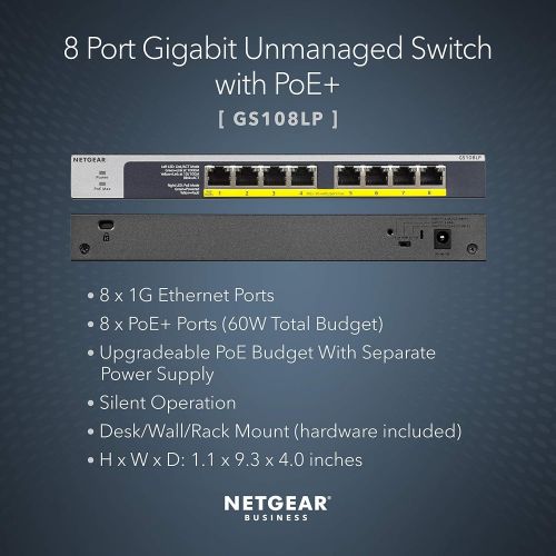  [아마존베스트]NETGEAR 8-Port Gigabit Ethernet Unmanaged PoE Switch (GS108LP) - with 8 x PoE+ @ 60W Upgradeable, Desktop/Rackmount, and ProSAFE Limited Lifetime Protection