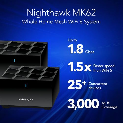  [아마존베스트]NETGEAR Nighthawk Whole Home Mesh WiFi 6 System (MK62) - AX1800 router with 1 satellite extender, coverage up to 3,000 sq. ft. and 25+ devices