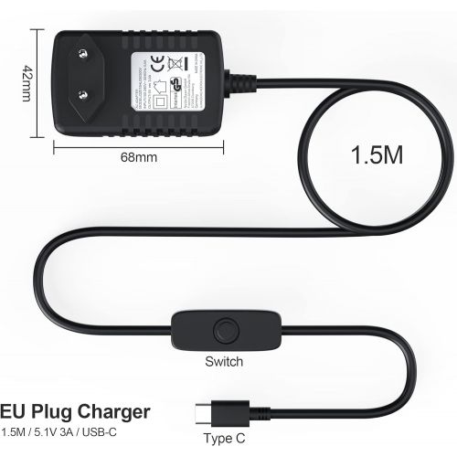  [아마존베스트]NEUE DAWN 5.1V 3A Type C USB C Power Supply Adapter with Switch for Raspberry Pi 4 Model B (1GB / 2GB / 4GB) / 5.1V 3A USB C EU Plug USB Type C Charging Cable with On/Off Switch