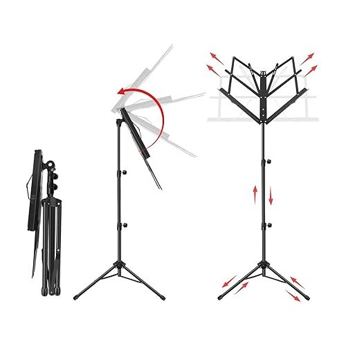  Sheet Music Stand Holder/Portable Folding Music Stand Super Sturdy Adjustable Height Tripod Base Metal Music Stand, Lightweight & Compact for Storage or Travel with Carrying Bag
