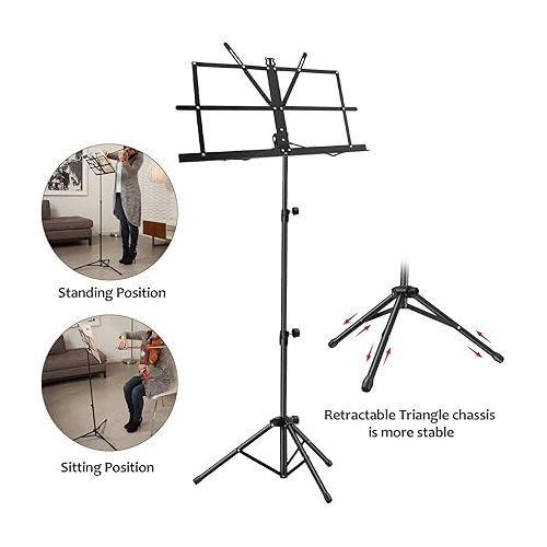  Sheet Music Stand Holder/Portable Folding Music Stand Super Sturdy Adjustable Height Tripod Base Metal Music Stand, Lightweight & Compact for Storage or Travel with Carrying Bag