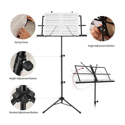  Sheet Music Stand Holder/Portable Folding Music Stand Super Sturdy Adjustable Height Tripod Base Metal Music Stand, Lightweight & Compact for Storage or Travel with Carrying Bag