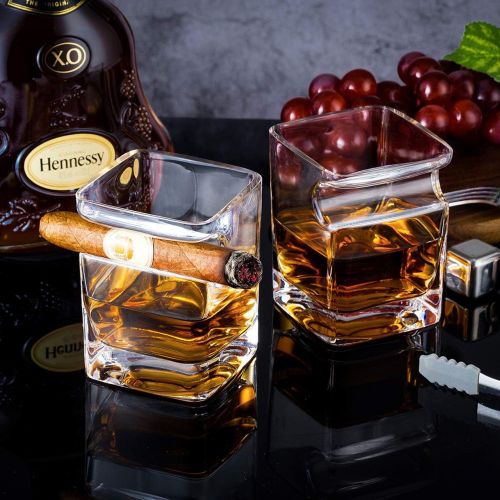  [아마존베스트]NEW PACIFIC YOUYAH YouYah Cigar Whiskey Glasses with Cigar Holder-Set of 2,Cigar Accessories,Crystal Whisky Glass Set with Indented Cigar Rest,Premium Rocks Glass,for Cocktails,Scotch,Bourbon,Gifts f