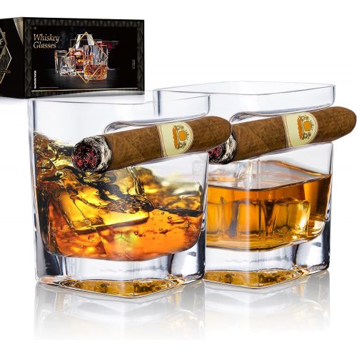  [아마존베스트]NEW PACIFIC YOUYAH YouYah Cigar Whiskey Glasses with Cigar Holder-Set of 2,Cigar Accessories,Crystal Whisky Glass Set with Indented Cigar Rest,Premium Rocks Glass,for Cocktails,Scotch,Bourbon,Gifts f