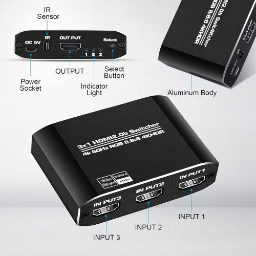  [아마존베스트]NEWCARE HDMI 2.0b Switch 3 in 1 Out,3x1 HDMI Selector Switch with Remote,Support UHD 4K@60Hz Ultra HD 3D 1080P,HDCP 2.2 HDR,18.5Gbps HDMI Switcher Come with High Speed HDMI Cable (