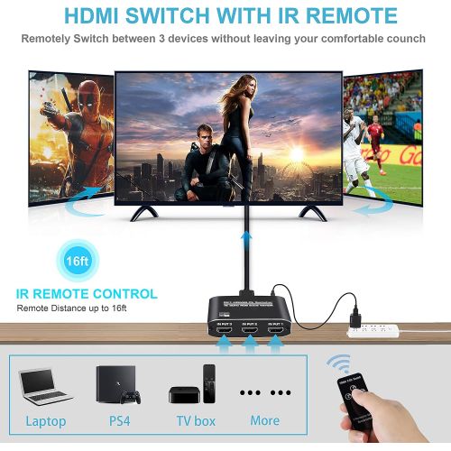  [아마존베스트]NEWCARE HDMI 2.0b Switch 3 in 1 Out,3x1 HDMI Selector Switch with Remote,Support UHD 4K@60Hz Ultra HD 3D 1080P,HDCP 2.2 HDR,18.5Gbps HDMI Switcher Come with High Speed HDMI Cable (