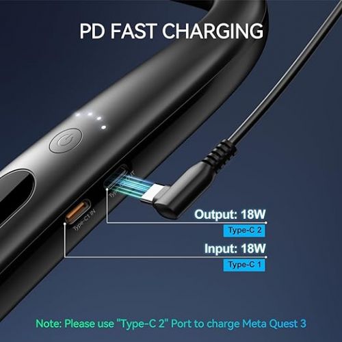  NEWDERY Battery Pack for Meta Quest 3/2, 10000mAh Hanging Neck Power Bank for Extra 3-5H Playtime, PD Fast Charger for VR Oculus Quest 3/2 / 1 / Pro, Pico 4/4 Pro, HTC Vive, PSVR 2