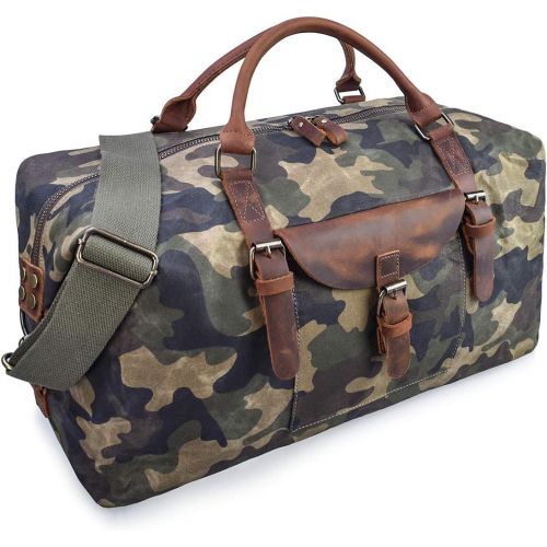  [아마존 핫딜]  [아마존핫딜]NEWHEY Oversized Travel Duffel Bag Waterproof Canvas Genuine Leather Weekend bag Weekender Overnight Carryon Hand Bag Camo