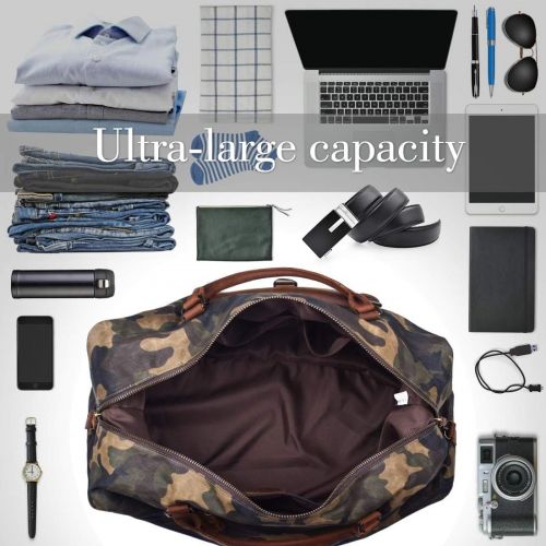  [아마존 핫딜]  [아마존핫딜]NEWHEY Oversized Travel Duffel Bag Waterproof Canvas Genuine Leather Weekend bag Weekender Overnight Carryon Hand Bag Camo