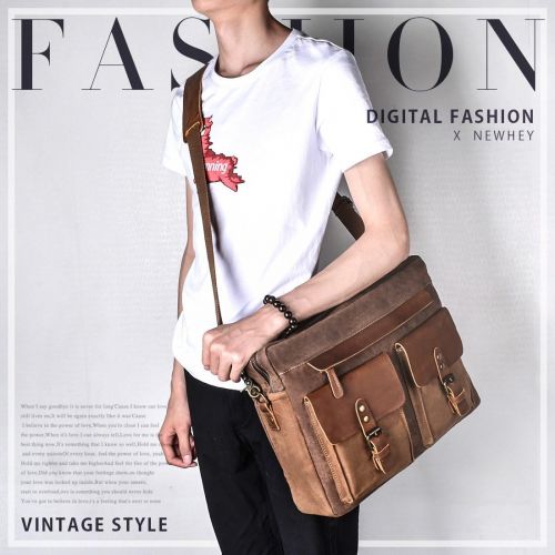  [아마존 핫딜] [아마존핫딜]NEWHEY Mens Messenger Bag 15.6 Inch Vintage Genuine Leather Briefcase Waterproof Waxed Canvas Laptop Computer Bag Large Leather Satchel Shoulder Bag Brown