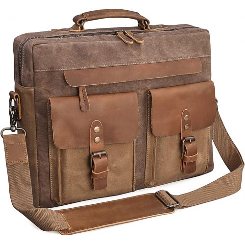  [아마존 핫딜] [아마존핫딜]NEWHEY Mens Messenger Bag 15.6 Inch Vintage Genuine Leather Briefcase Waterproof Waxed Canvas Laptop Computer Bag Large Leather Satchel Shoulder Bag Brown