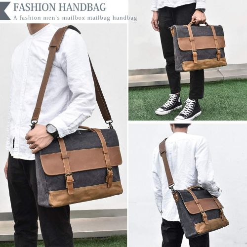  [아마존 핫딜] [아마존핫딜]NEWHEY Mens Messenger Bag 15.6 Inch Waterproof Vintage Genuine Leather Waxed Canvas Briefcase Large Satchel Shoulder Bag Rugged Leather Computer Laptop Bag Grey