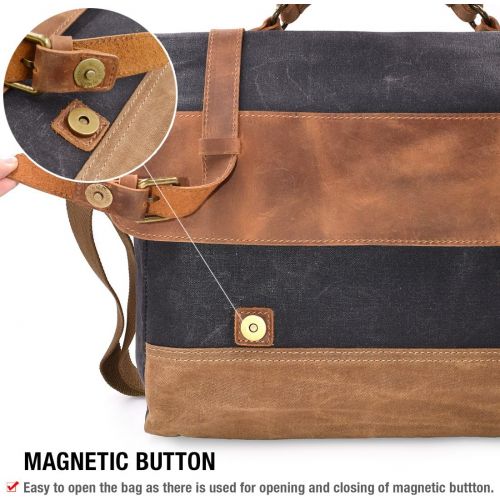  [아마존 핫딜] [아마존핫딜]NEWHEY Mens Messenger Bag 15.6 Inch Waterproof Vintage Genuine Leather Waxed Canvas Briefcase Large Satchel Shoulder Bag Rugged Leather Computer Laptop Bag Grey