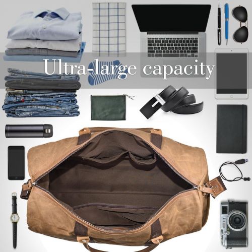  [아마존 핫딜] [아마존핫딜]NEWHEY Travel Duffel Bag Waterproof Canvas Overnight Bag Leather Weekend Oversized Carryon Handbag Brown