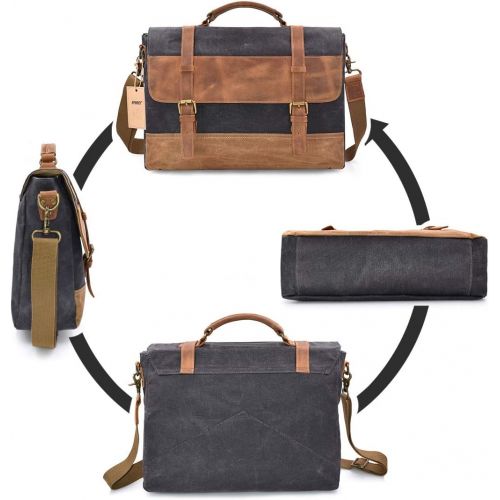  [아마존핫딜][아마존 핫딜] NEWHEY Mens Messenger Bag Waterproof Canvas Leather Computer Laptop Bag 15.6 Inch Briefcase Case Vintage Retro Waxed Canvas Genuine Leather Large Satchel Shoulder Bag College Grey