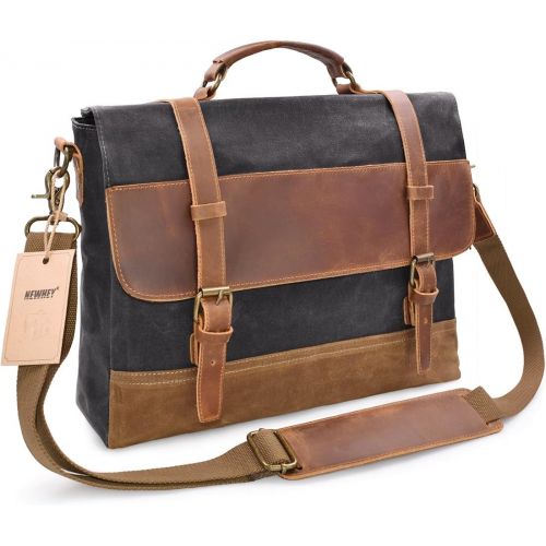  [아마존핫딜][아마존 핫딜] NEWHEY Mens Messenger Bag Waterproof Canvas Leather Computer Laptop Bag 15.6 Inch Briefcase Case Vintage Retro Waxed Canvas Genuine Leather Large Satchel Shoulder Bag College Grey