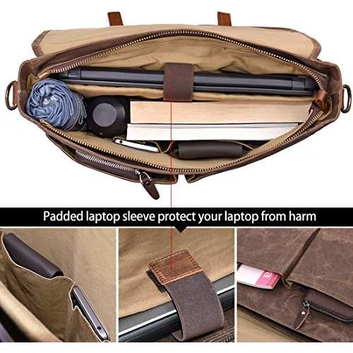  [아마존베스트]NEWHEY Mens Messenger Bag 15.6 Inch Waterproof Vintage Genuine Leather Waxed Canvas Briefcase Large Satchel Shoulder Bag Rugged Leather Computer Laptop Bag, Brown