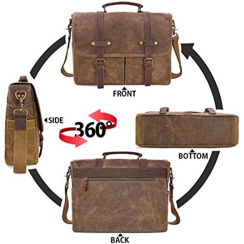  [아마존베스트]NEWHEY Mens Messenger Bag 15.6 Inch Waterproof Vintage Genuine Leather Waxed Canvas Briefcase Large Satchel Shoulder Bag Rugged Leather Computer Laptop Bag, Brown