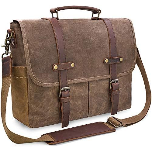  [아마존베스트]NEWHEY Mens Messenger Bag 15.6 Inch Waterproof Vintage Genuine Leather Waxed Canvas Briefcase Large Satchel Shoulder Bag Rugged Leather Computer Laptop Bag, Brown