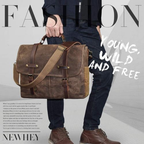  [아마존베스트]NEWHEY Mens Messenger Bag 15.6 Inch Waterproof Vintage Genuine Leather Waxed Canvas Briefcase Large Satchel Shoulder Bag Rugged Leather Computer Laptop Bag, Brown