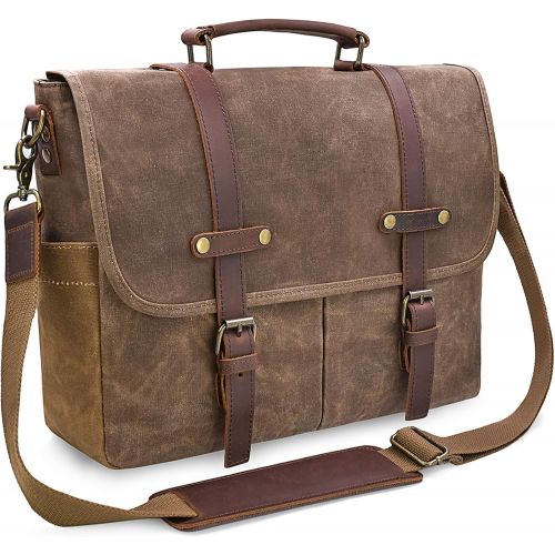  [아마존베스트]NEWHEY Mens Messenger Bag 15.6 Inch Waterproof Vintage Genuine Leather Waxed Canvas Briefcase Large Satchel Shoulder Bag Rugged Leather Computer Laptop Bag, Brown