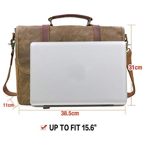  [아마존베스트]NEWHEY Mens Messenger Bag 15.6 Inch Waterproof Vintage Genuine Leather Waxed Canvas Briefcase Large Satchel Shoulder Bag Rugged Leather Computer Laptop Bag, Khaki