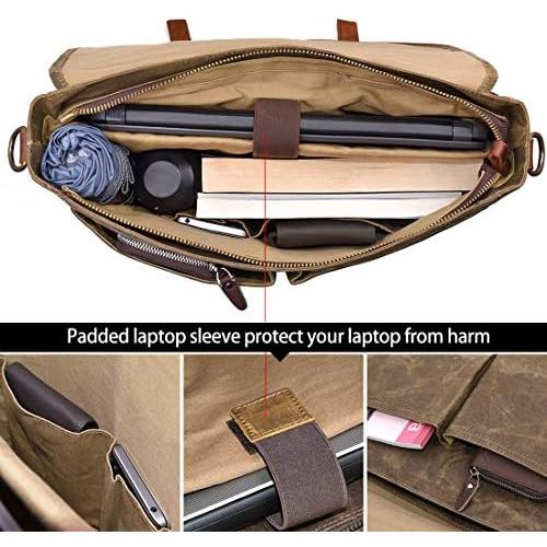  [아마존베스트]NEWHEY Mens Messenger Bag 15.6 Inch Waterproof Vintage Genuine Leather Waxed Canvas Briefcase Large Satchel Shoulder Bag Rugged Leather Computer Laptop Bag, Khaki