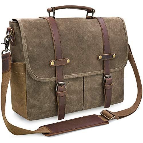  [아마존베스트]NEWHEY Mens Messenger Bag 15.6 Inch Waterproof Vintage Genuine Leather Waxed Canvas Briefcase Large Satchel Shoulder Bag Rugged Leather Computer Laptop Bag, Khaki