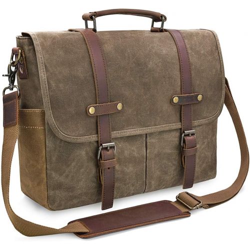  [아마존베스트]NEWHEY Mens Messenger Bag 15.6 Inch Waterproof Vintage Genuine Leather Waxed Canvas Briefcase Large Satchel Shoulder Bag Rugged Leather Computer Laptop Bag, Khaki