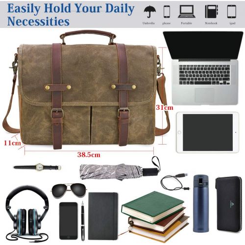  [아마존베스트]NEWHEY Mens Messenger Bag 15.6 Inch Waterproof Vintage Genuine Leather Waxed Canvas Briefcase Large Satchel Shoulder Bag Rugged Leather Computer Laptop Bag, Khaki