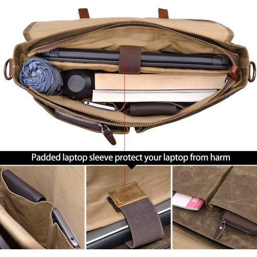  [아마존베스트]NEWHEY Mens Messenger Bag 15.6 Inch Waterproof Vintage Genuine Leather Waxed Canvas Briefcase Large Satchel Shoulder Bag Rugged Leather Computer Laptop Bag, Khaki