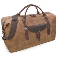 NEWHEY Oversized Travel Duffel Bag Waterproof Canvas Genuine Leather Weekend bag Weekender Overnight Carryon Hand Bag Brown