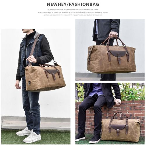  NEWHEY Oversized Travel Duffel Bag Waterproof Canvas Genuine Leather Weekend bag Weekender Overnight Carryon Hand Bag Brown