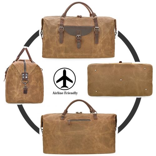  NEWHEY Oversized Travel Duffel Bag Waterproof Canvas Genuine Leather Weekend bag Weekender Overnight Carryon Hand Bag Brown