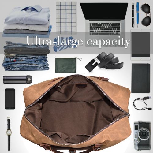  NEWHEY Oversized Travel Duffel Bag Waterproof Canvas Genuine Leather Weekend bag Weekender Overnight Carryon Hand Bag Brown