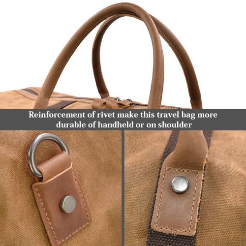  NEWHEY Travel Duffel Bag Waterproof Canvas Overnight Bag Leather Weekend Oversized Carryon Handbag Brown
