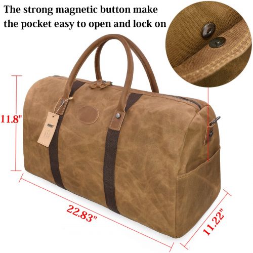  NEWHEY Travel Duffel Bag Waterproof Canvas Overnight Bag Leather Weekend Oversized Carryon Handbag Brown