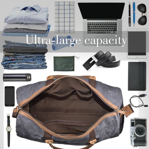  NEWHEY Travel Duffel Bag Waterproof Canvas Overnight Bag Leather Weekend Oversized Carryon Handbag Brown